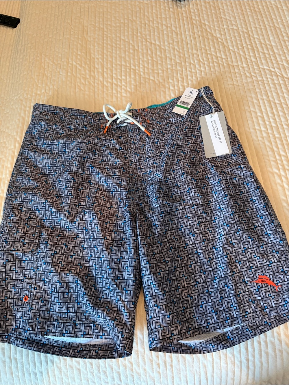 NWT Tommy Bahama Blue Geometric Swim Board Shorts with Orange Accent